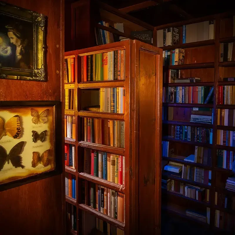 Detailreiche Bibliothekskulisse mit Bücherregalen, verborgenem Durchgang und gerahmten Schmetterlingen bei Final Escape Basel.