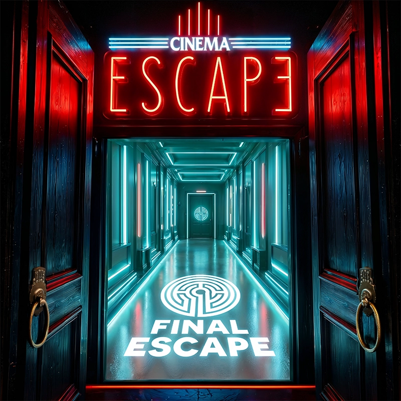 Neonbeleuchteter Eingang mit Cinema-Escape-Schriftzug und Final-Escape-Logo als Aktionsbild zum Rebranding von Cinema Escape zu Final Escape Zürich.