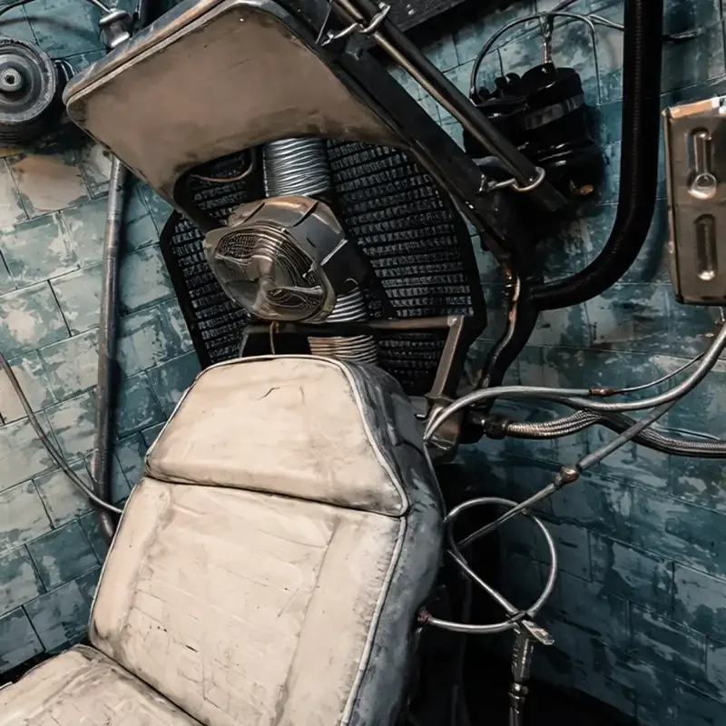 Detailaufnahme eines medizinischen Behandlungsstuhls im Escape Room Nervenheilanstalt bei Final Escape Zürich mit Kabeln, Technik und Labor-Atmosphäre.