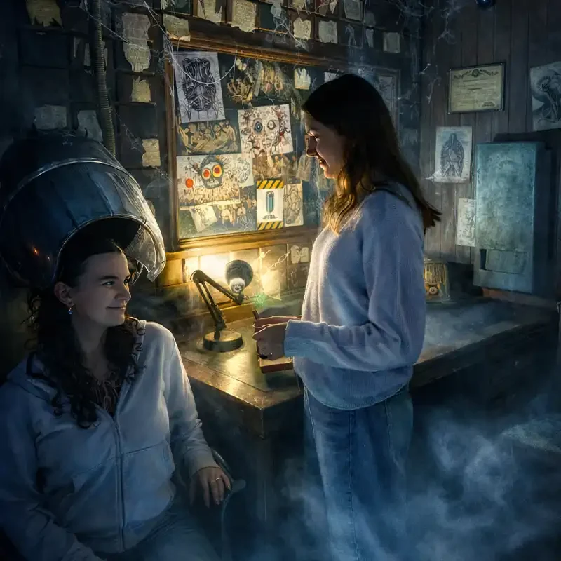 Spielerinnen entdecken im Escape Room Nervenheilanstalt bei Final Escape Zürich eine düstere Laborwand mit Notizen, Technik und geheimnisvollen Hinweisen.
